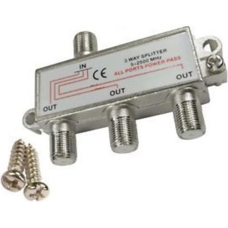 FPLUS distribuidor ant.tv.3 vias , Descripción general
Distribuidor (splitter)
1 Entrada 3 salidas
Impedancia 75 Ohm
Frecuencia 5-2400 MHz
Con paso de corriente (cc power pass)

Ca