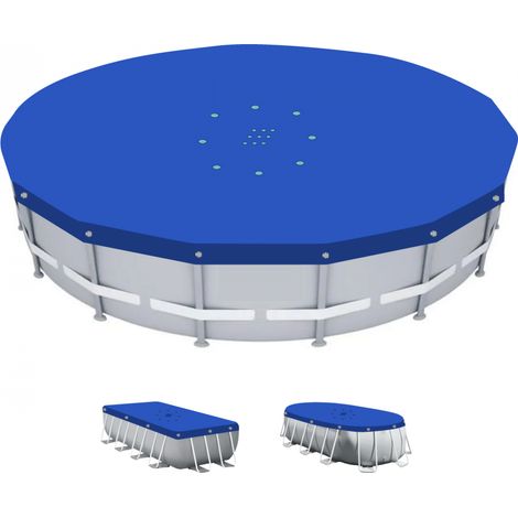 Linxor – Bâche de piscine réversible 4 saisons – Ronde 5,49 m – 150 gsm – Évacuation d'eau – Fixation par corde – Bleu et gris