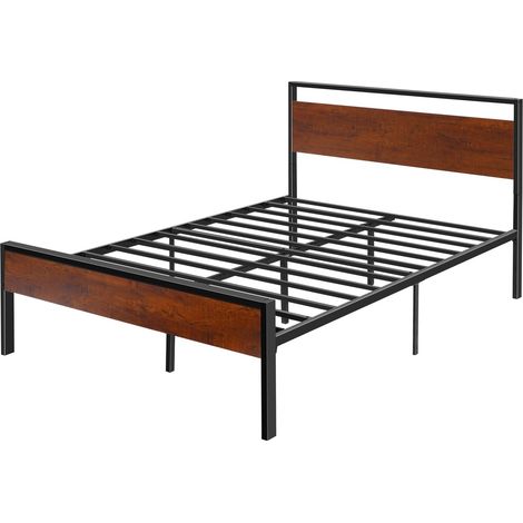 Cadre de lit double 140x190 cm, structure en métal noir 35 cm avec tête de lit et pied de lit en bois marron rétro, grand espace de rangement sous le lit, antidérapant et silencieux, sans sommier, mon (1/5)