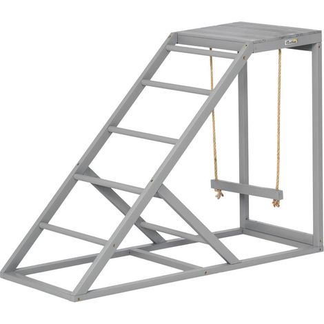 Pour poules et volailles, aire de jeux perchoir en bois, structure stable avec échelle, balançoire, plateforme, 96x40x71cm, gris (1/5)