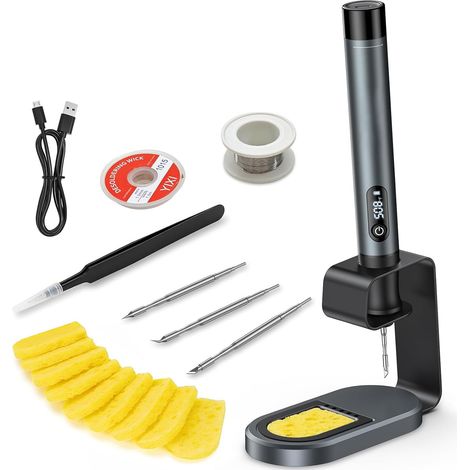 Fer à souder sans fil avec écran LCD, chauffe en 7s, température réglable 200–450°C, recharge USB-C, mode veille automatique, 3 embouts C210 et kit portable pour bricolage et réparation électronique (1/5)