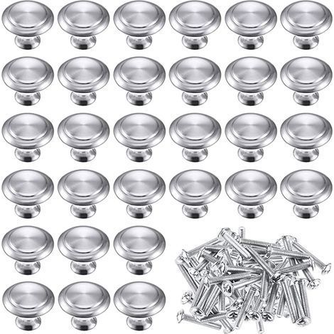 Küchentürknauf aus Edelstahl, gebürsteter Edelstahl, Schubladenknauf, gebürsteter Edelstahl, Möbelknauf, 30 Stück, silberner Einloch-Schubladenknauf mit Schrauben für Küchenschränke, Kommoden, Schubla (1/5)