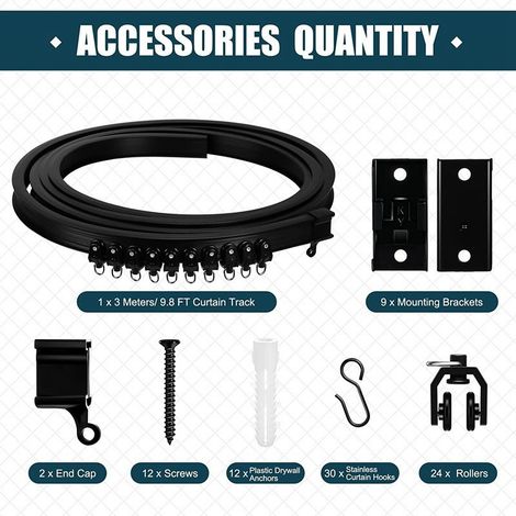Ensemble de tringle à rideaux incurvée noire de 3 mètres en forme de U, rail flexible, rail de guidage silencieux renforcé, accessoires pour rideaux (1/5)