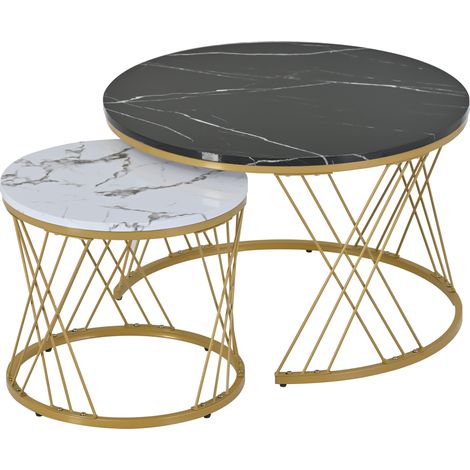 Set de 2 mesas auxiliares redondas nido de MDF efecto mármol y metal dorado (1/5)
