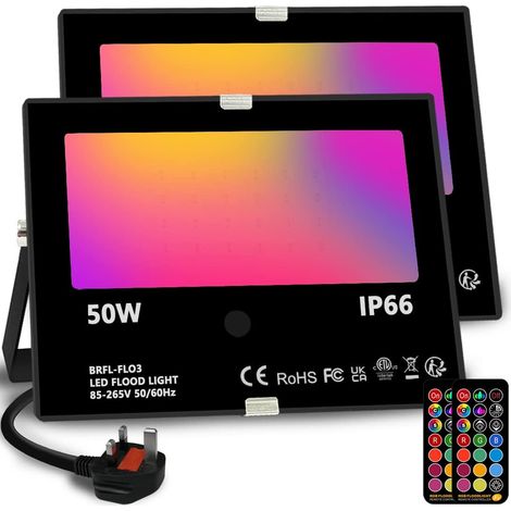 Projecteur LED extérieur Bhochy 50 W, projecteur à couleurs changeantes avec télécommande, minuterie, 4 modes, étanchéité IP66, prise britannique à 3 broches, lot de 2 (1/5)