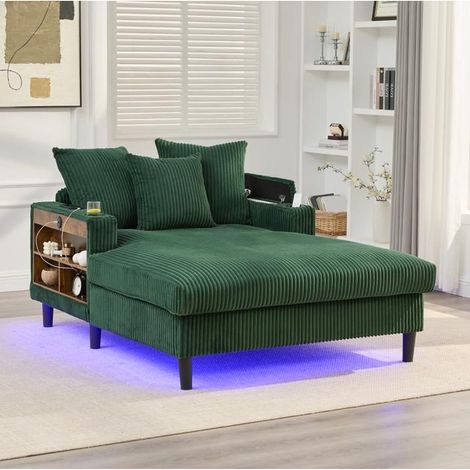Chaiselongue - KOMHTOM - 129x170x70cm - Velours côtelé - LED intégrées - Ports USB (1/5)