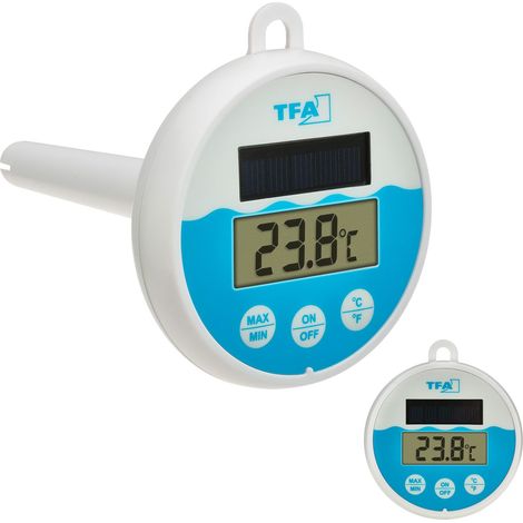 Thermomètre de Piscine numérique à énergie Solaire, 30.1068.02, pour Piscine/Bassin/Jacuzzi avec Corde de Fixation (1 m) Fonctionne à l'énergie Solaire, Blanc/Bleu (1/4)
