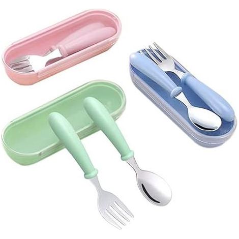 3 ensembles de mini fourchettes et cuillères pour tout-petits, rose + vert + bleu-Fei Yu
