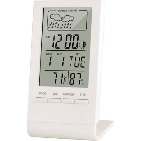 Drahtlose Wetterstation, Innen-/Außenthermometer, Hygrometer, Barometer, Digitaler Wecker mit Außensensor, Anzeige von Uhrzeit, Datum, Wochentag und Mondphase (Weiß) (1/5)