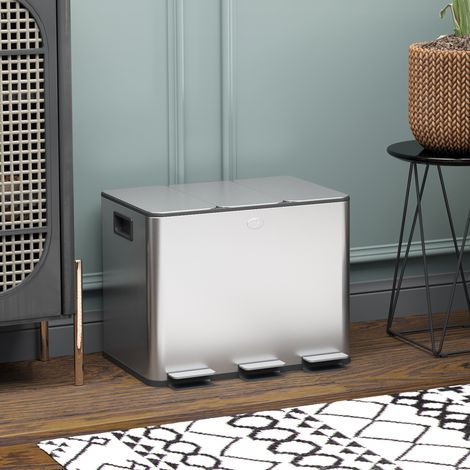 Pattumiera da cucina, contenitore per la raccolta differenziata, 3 scomparti da 20 litri, secchi interni removibili, 61,9x36,6x56,7 cm, argento.