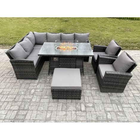 Fimous 9 Seater Outdoor Rattan Garden Furniture Set Corner Sofa Gas Fire Pit Dining Table Sets Gas Heater with Big Footstool 2 Armchair Dark Grey Mixed