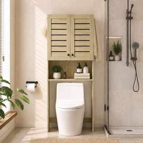 Meuble WC dessus de toilette/machine à laver avec placard à porte double, portes à persiennes, 67x31,5x190cm, chêne (1/5)