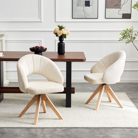 Lot de 2 chaises de salle à manger pivotantes, fauteuil de table rétro chic en velours texturé, rotation 360° H84cm, blanc et bois (1/5)