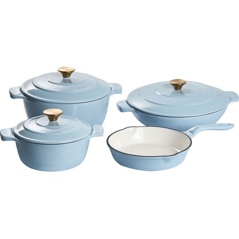 Set di pentole e padelle in ghisa smaltata da 7 pezzi, adatte al forno e tutti i tipi di piano cottura blu Ferrano
