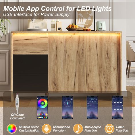 Armoire, armoire de cuisine, commode avec 3 tiroirs et 2 portes. Effets lumineux LED multicolores. Armoire à buffet pour le salon ou la salle à manger. Dimensions : L: 120 cm, H: 76 cm, P: 40 cm. Coul