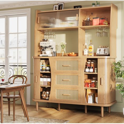 Credenza con ante scorrevoli in vetro, 140 x 40,5 x 174,5 cm, effetto legno naturale/noce, HAVRYA (1/5)