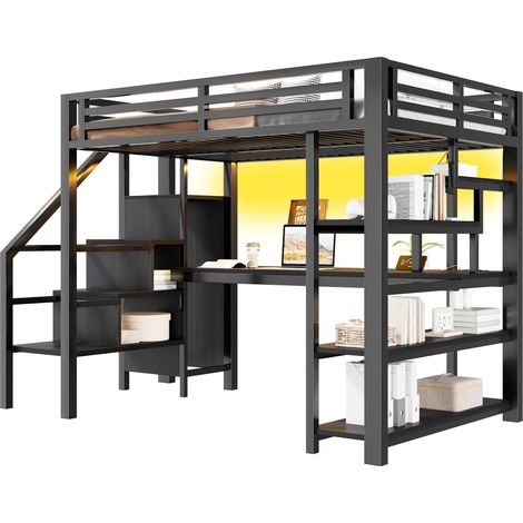 Lit mezzanine 140x200 cm en métal avec escalier, armoire ouverte, bureau intégré, rangements, LED et station USB, noir, gain de place – CHICFURN (1/5)