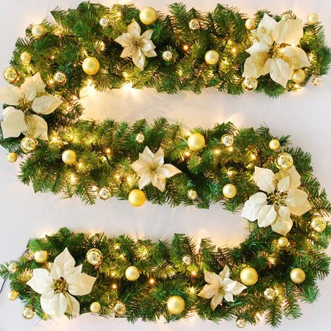 GROOFOO Guirlande de Noël décorative avec lumières LED,2,7 m en rotin décoré (alimenté par piles) pour cheminée,escaliers,fenêtre,sapin de Noël,fête de Noël,décoration d'intérieur (doré) GROOFOO