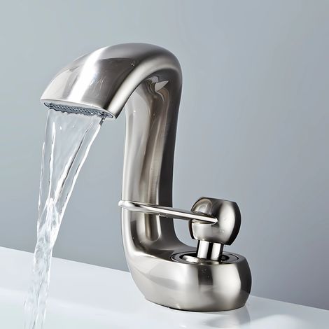 Robinet Cascade de Salle de Bain Moderne Robinet Mitigeur Monocommande de Lavabo Chaud et Froid Réglables Nickel Brossé (1/5)