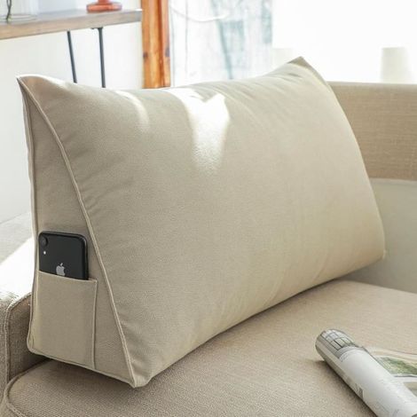 1 Coussin de lecture triangulaire, velours côtelé beige, 60x35x20 cm, soutien dorsal ergonomique pour lecture, travail ou allaitement (1/4)