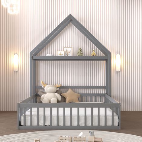 Lit enfant 140 x 200, cadre de lit enfant en bois massif avec espace de rangement, porte pleine sécurité, gris (1/5)