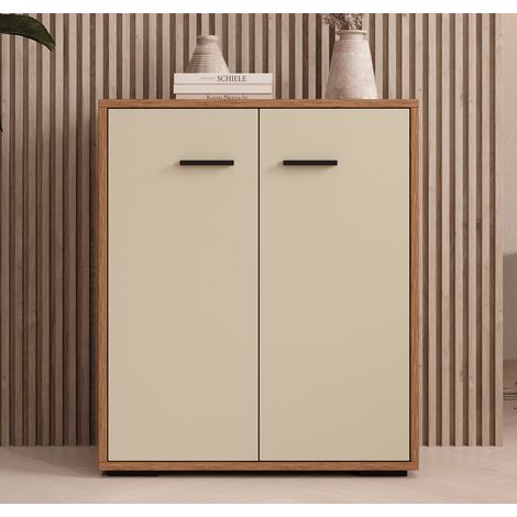 Kleiner Schrank 2 Türen Aufbewarungsschrank Beistellschrank 60x71x30cm Modelo Lander L2 Farbe Walnuss Ambar und Beige
