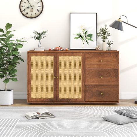 Credenza, cassettiera con 3 cassetti e 2 ante, credenza in rattan, cassettiera moderna con maniglie in metallo, per camera da letto, soggiorno e ufficio (1/5)