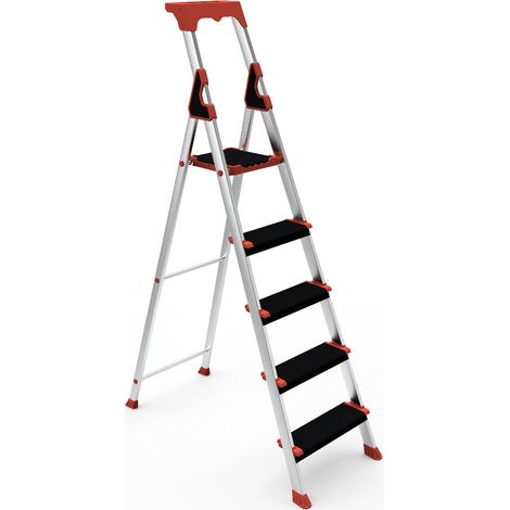Escabeau professionnel de chantier marches XXL large de 12 cm, antidérapante avec porte outils et accessoires – SARAYLI  5 marches – SARAYLI 1304