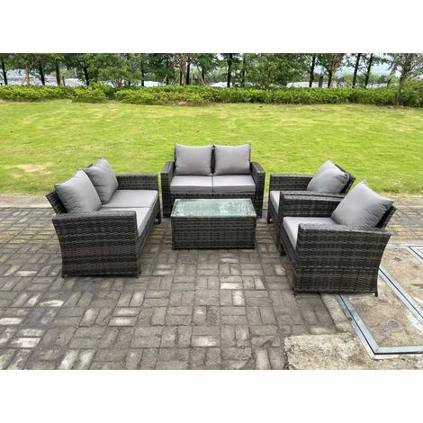 Fimous 6 Seater Dark Grey Mixed High Back Rattan Sofa Set rectangular Coffee Table Garden Furniture Outdoor Patio (1/5)