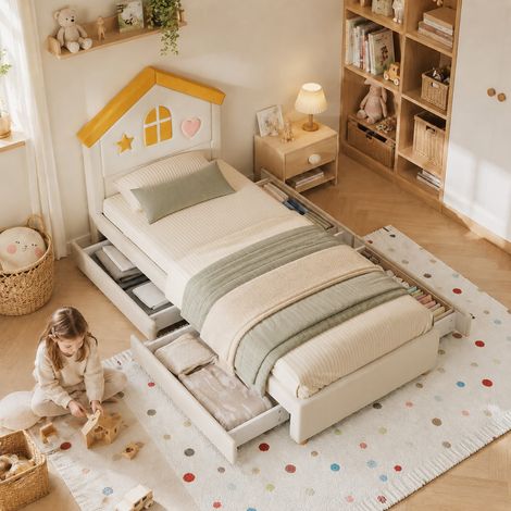 Lit enfant 90x200 cm, lit cabane capitonné beige en velours, lit coffre avec 4 tiroirs, tête de lit cabane pour chambre d'enfant, lit simple (sans Matelas) (1/5)