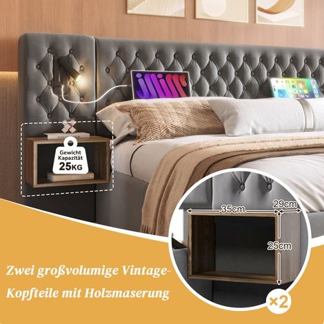Ensemble chambre à coucher - Lit rembourré 180x200 cm - Velours gris - Charge USB (1/5)