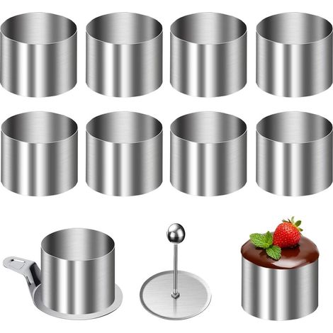 10 x Stainless Steel Round Cake Mould, 8 cm Diameter Cake Moulds with Pusher, Dessert Mousse Moulds for Tartlets (1/5)