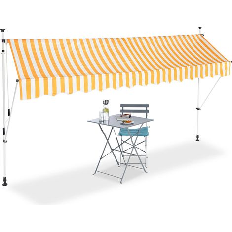 Auvent rétractable 350 cm Store balcon marquise soleil terrasse hauteur réglable sans perçage, jaune-blanc (1/5)