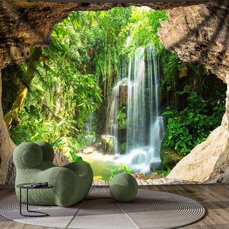 Tapisserie murale en forme de forêt - Motif cascade d'eau - Grand paysage - Vert - Convient pour le salon, la chambre à coucher et le bureau - L 300 x H 180 cm (1/5)