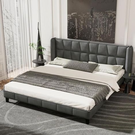 Lit - KOMHTOM - 180x200 cm - Velours capitonné haut dossier - Sommier à lattes bois inclus - Gris (1/5)