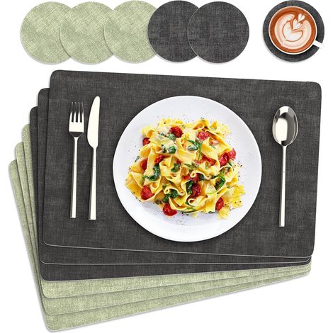 Juego de 6 manteles individuales de PU de doble cara, 43x30 cm, bicolor gris verdoso, lavables, resistentes al calor y antideslizantes. (1/5)