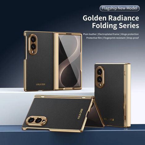 (Noir, Galaxy Z Fold5) Étui de téléphone de luxe en cuir véritable à motif diamant avec film protecteur à couverture intégrale.