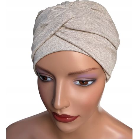 Turbante Sara para mujer, color beige claro, tocado cálido de viscosa de punto. (1/5)