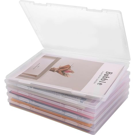 Boîte de rangement plastique A4 lot de 5, boîtes transparentes 30,5 x 22,3 x 2,2 cm en PP alimentaire avec couvercle double clip, empilables pour documents, papiers, magazines et bureau (1/5)