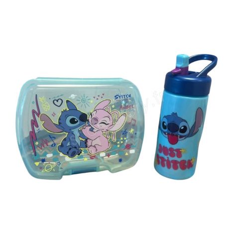 Set Repas Enfant Stitch avec Boîte à Gouter et Gourde 420ml Plastique Bleu pour Ecole et Sorties (1/5)