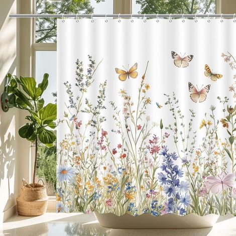 Rideau de douche 90x180 cm à motif floral et papillon (1/4)