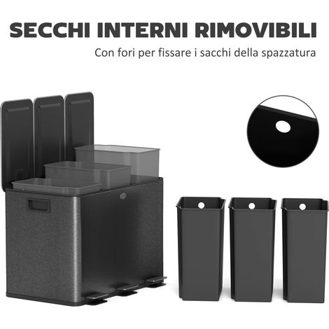 Seau de tri 3 bacs 20L, couvercle à fermeture amortie, noir, acier inoxydable et PP, dimensions 61,9x36,6x56,7 cm (1/5)