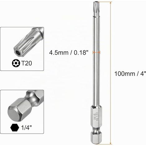 Torx T20 1/4 Inch Hexagonal 4 Inch Long Security Bits (1/4)