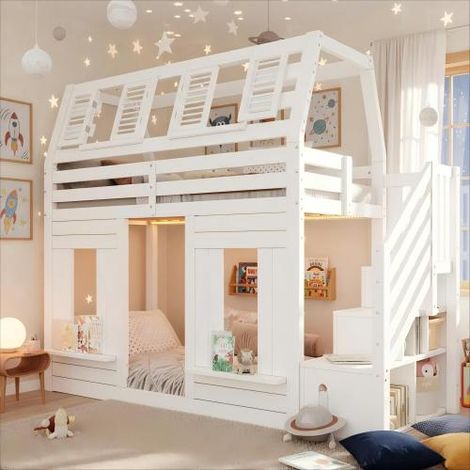 Etagenbett, Hochbett, Kinderbett, Holzbett, Hausbett  mit LED, Rausfallschutz und Stauraumtreppe, Fenster-Form