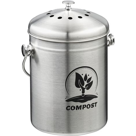 Relaxdays Kitchen Compost Bin, 5 Litres, Stainless Steel, Odour Filter, with Lid & Handle, Food Waste Caddy, Silver