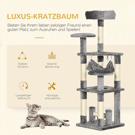 Katzenhaus, Kratzbaum, Kletterturm, Hängematte, grau, L40 x B40 x H132 cm (1/5)