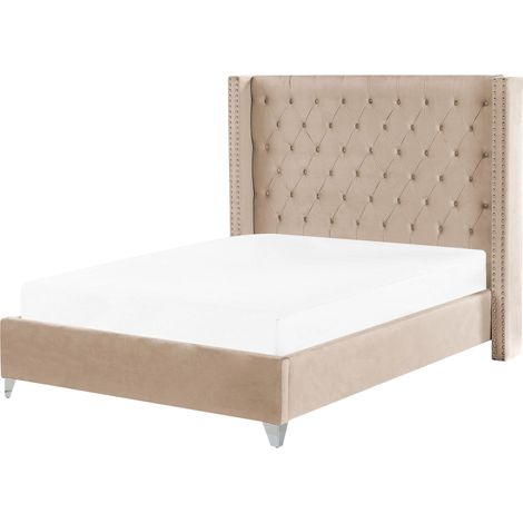 Letto matrimoniale con testiera alta imbottita in velluto beige 140 x 200 cm Lubbon