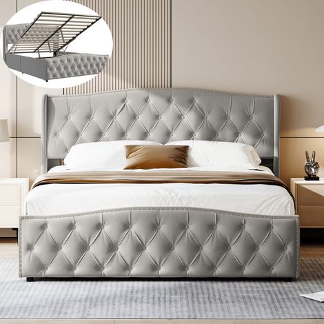 Lit coffre 160x200 cm avec rangement hydraulique, Lit double 160x200 cm avec tête de lit capitonnée, Sommier à lattes, Velours, Gris (1/5)