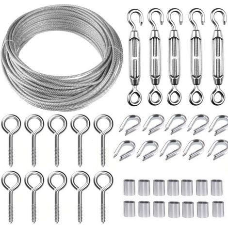 Corde en Acier Inoxydable à Suspendre Kit,30M/2mm Câble en Acier Inoxydable Revêtu avec M5 Tendeurs,Kit Cable Métallique 2mm pour Plantes Grimpante,Corde a linge,Rambarde,Cable de Garde Corps (1/5)