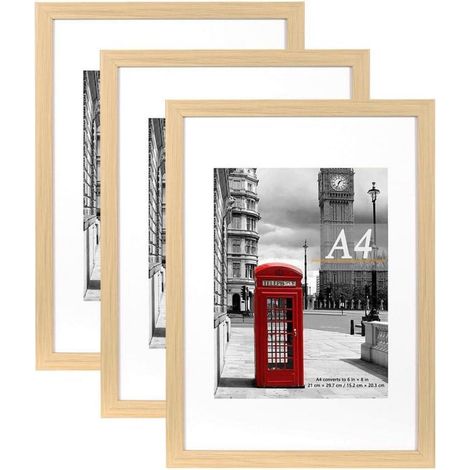 Lot de 3 cadres photo A4 avec passe-partout, bois naturel, muraux et sur pied (1/5)